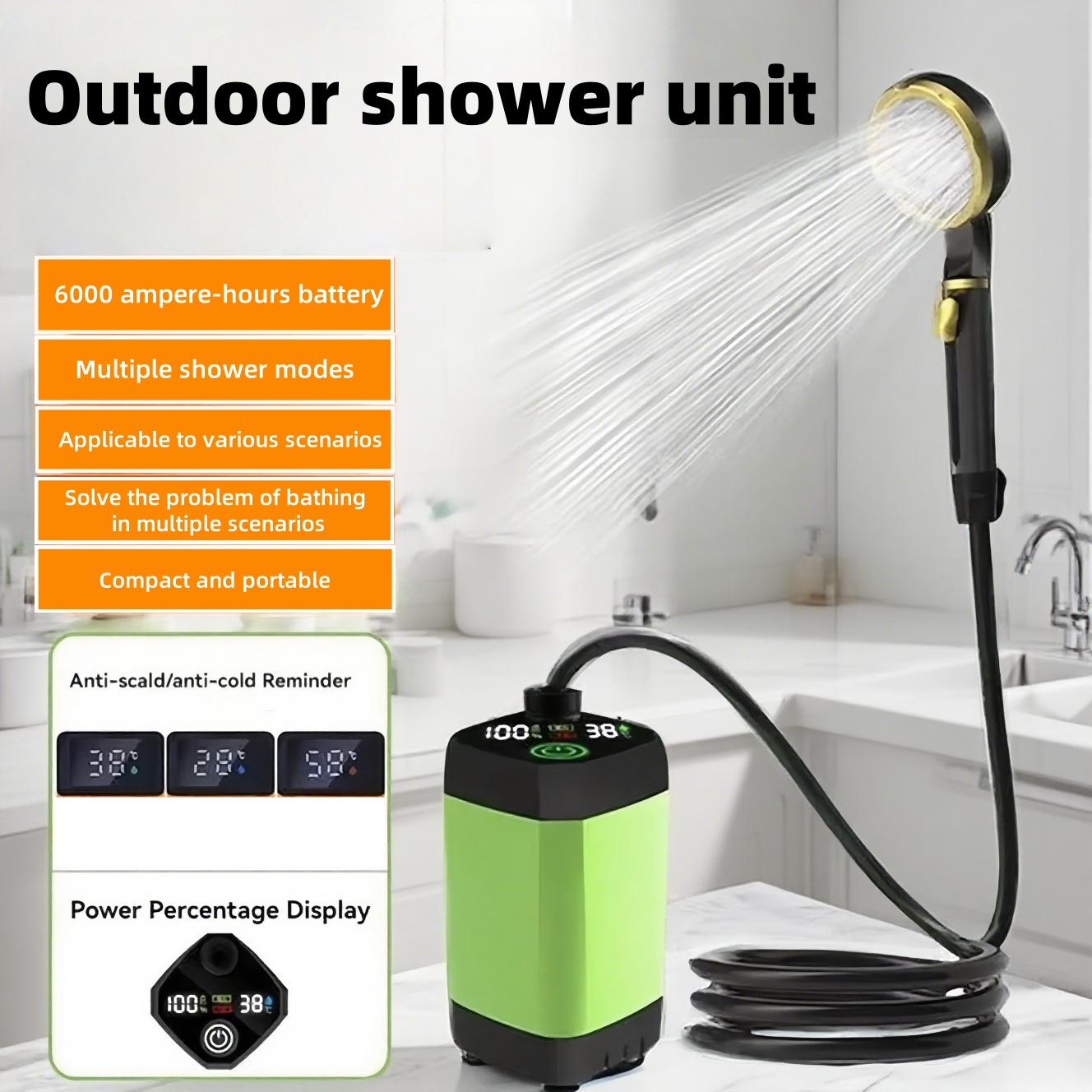 Outdoor Camping Accessories - เครื่องอาบน้ำไฟฟ้าแบบพกพาสำหรับใช้งานกลางแจ้ง แบตเตอรี่ใช้งานได้นาน เหมาะสำหรับใช้ในสถานที่ตั้งแคมป์ ห้องน้ำ และสถานที่ก่อสร้าง