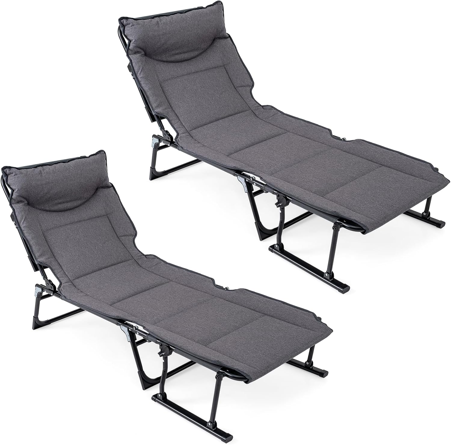 Outdoor Camping Cot - ชุดเก้าอี้พักผ่อนพับได้สำหรับลานบ้าน 2 ตัว ปรับเอนนอนได้ พร้อมเบาะรองนั่ง ที่วางแขน