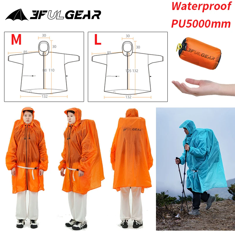 Camping Rain Poncho - 3F UL เกียร์ซิปเสื้อกันฝน 15D ไนลอน/210T โพลีเอสเตอร์กันน้ํา