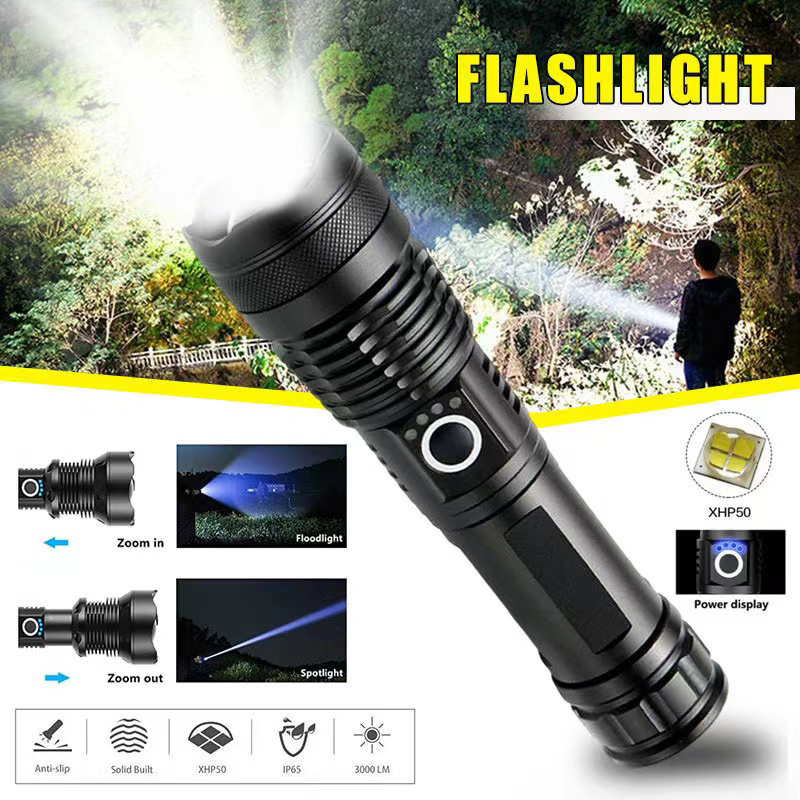 Outdoor Camping Lamp - ไฟฉาย LED กำลังสูง XHP70 USB-C ไฟฉายแบบชาร์จไฟได้ซูมได้โคมไฟมือกันน้ำสำหรับการตั้งแคมป์กลางแจ้งใช้ในกรณีฉุกเฉิน